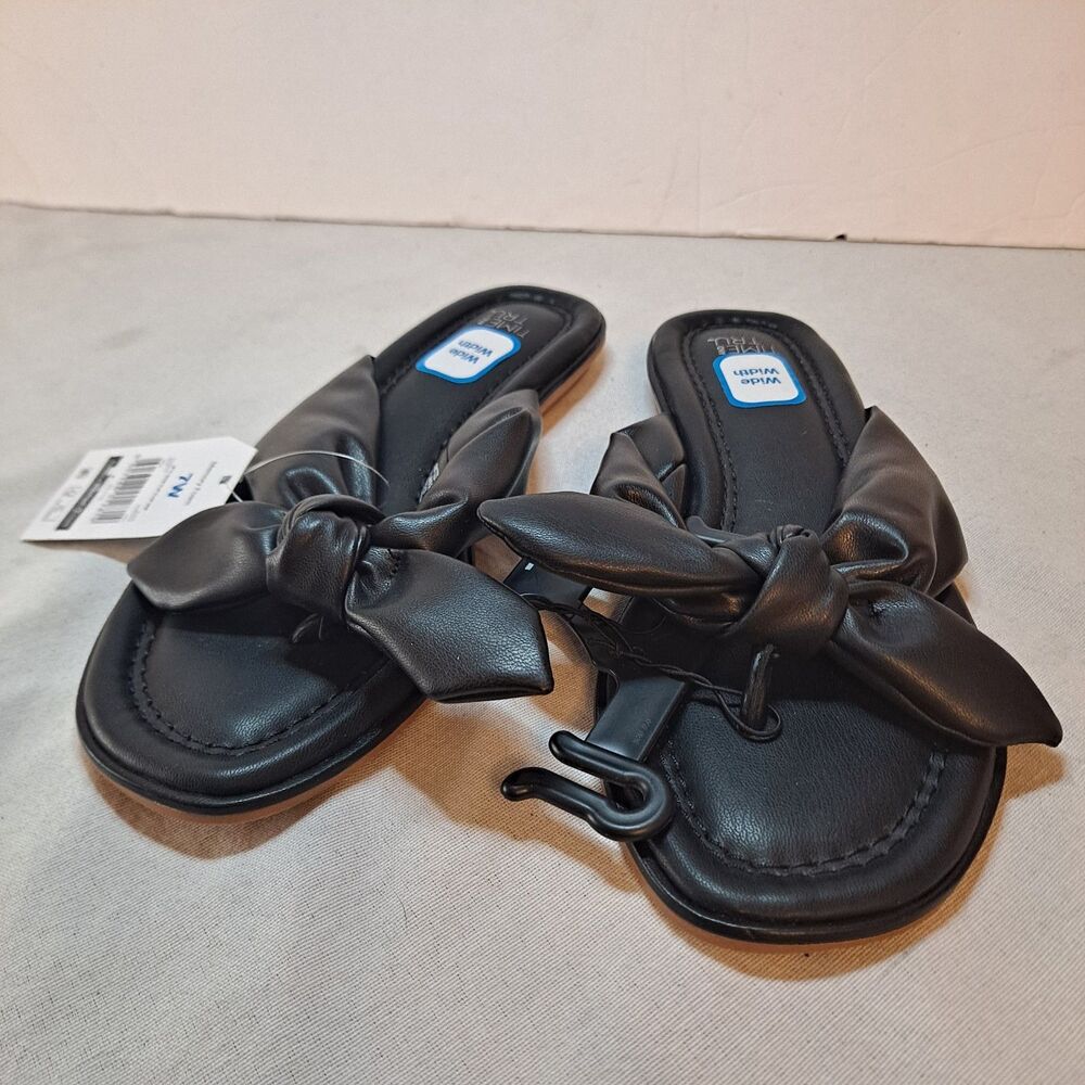 Time and Tru Bow Thong Sandals Women’s 7W Black Slip On Memory Foam Flipflops